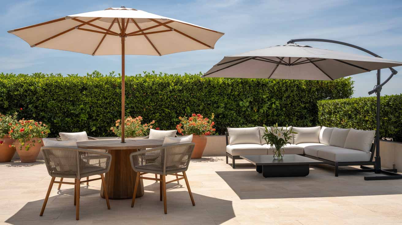 Différences entre parasol déporté et parasol droit pour la terrasse